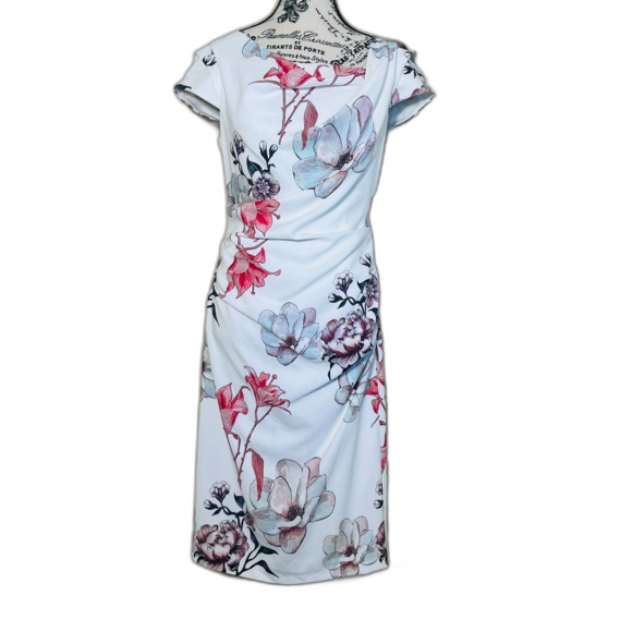 White House Black Market White Floral Bodycon Cap Sleeve Dress 6 Rusched Modest - Picture 1 of 9